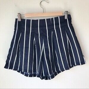 Striped Shorts High Waist Flare Leg Cotton Blend Pleated Navy Blue White